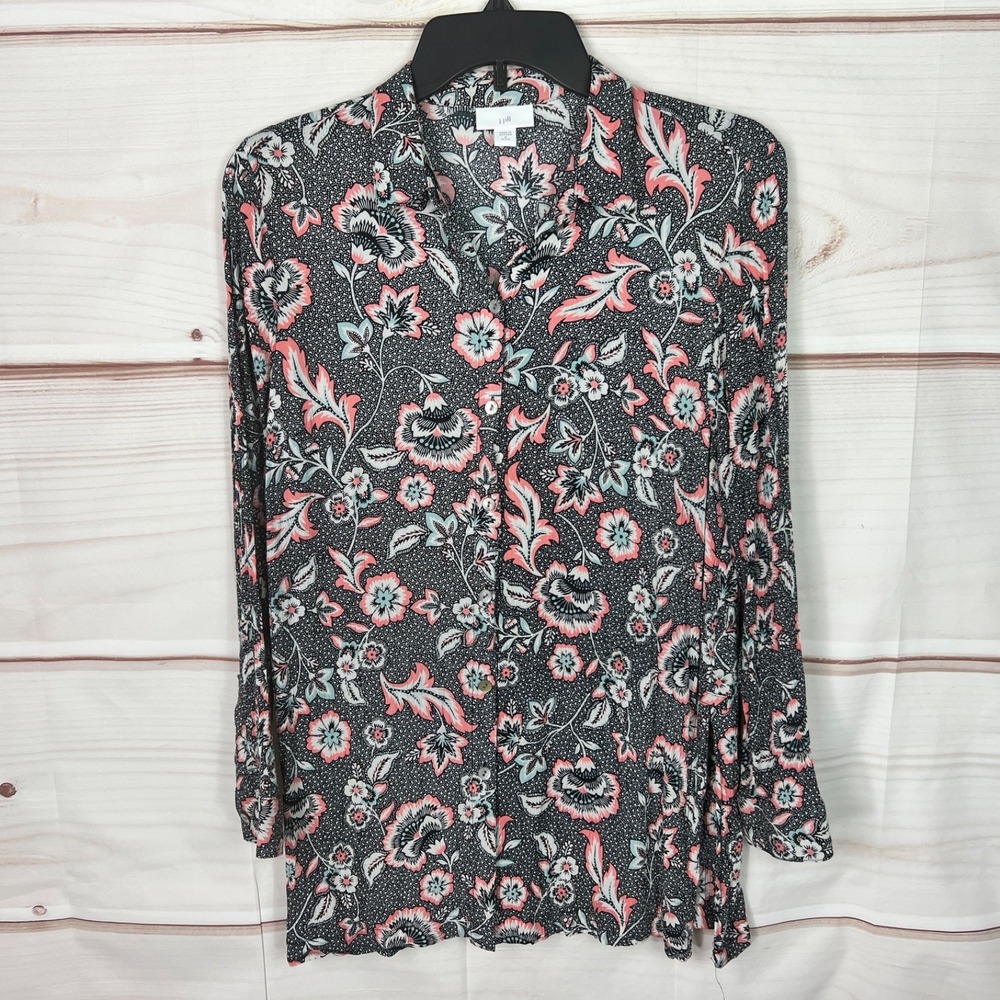 J Jill Top Womens Petite PS Black Floral Shirt Button Up Woven Side Slit Collar